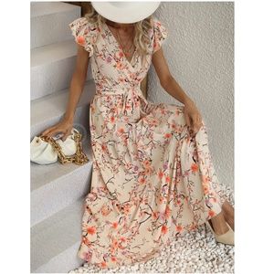 Floral Dress Surplice Overlapping V Neck Fit & Flare Maxi Long  Beige Tie Belt